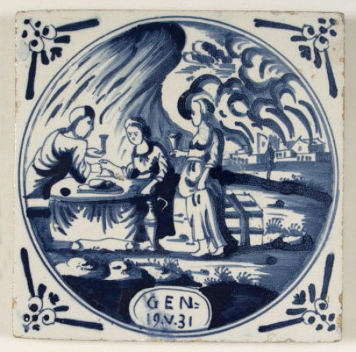 Bijbeltegel met blauwwit decor van Lot en zijn dochters